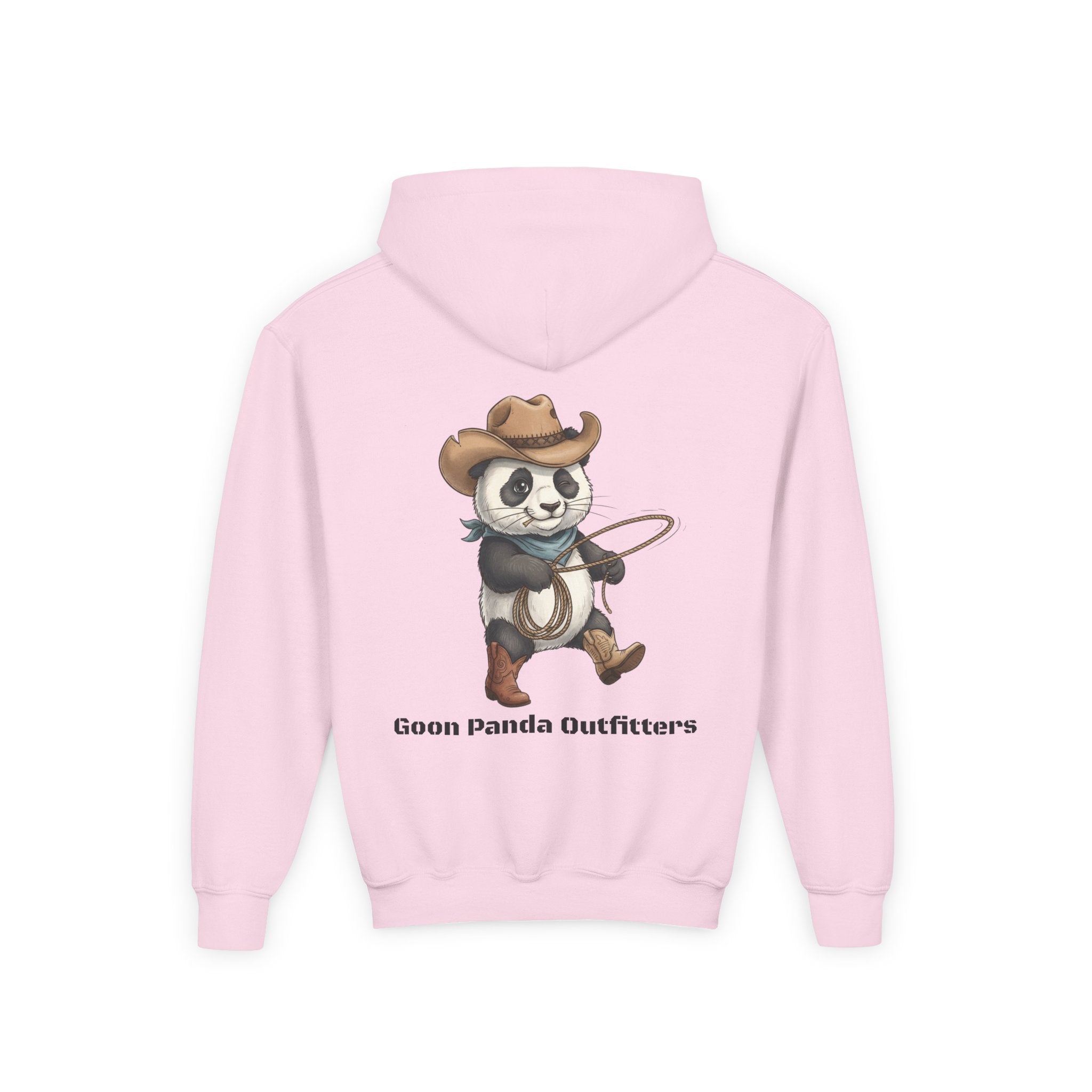 Kids Panda Cowboy Hoodie — “Goon Panda Outfitters” Graphic Youth Sweatshirt