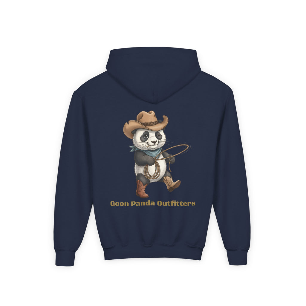Kids Panda Cowboy Hoodie — “Goon Panda Outfitters” Graphic Youth Sweatshirt
