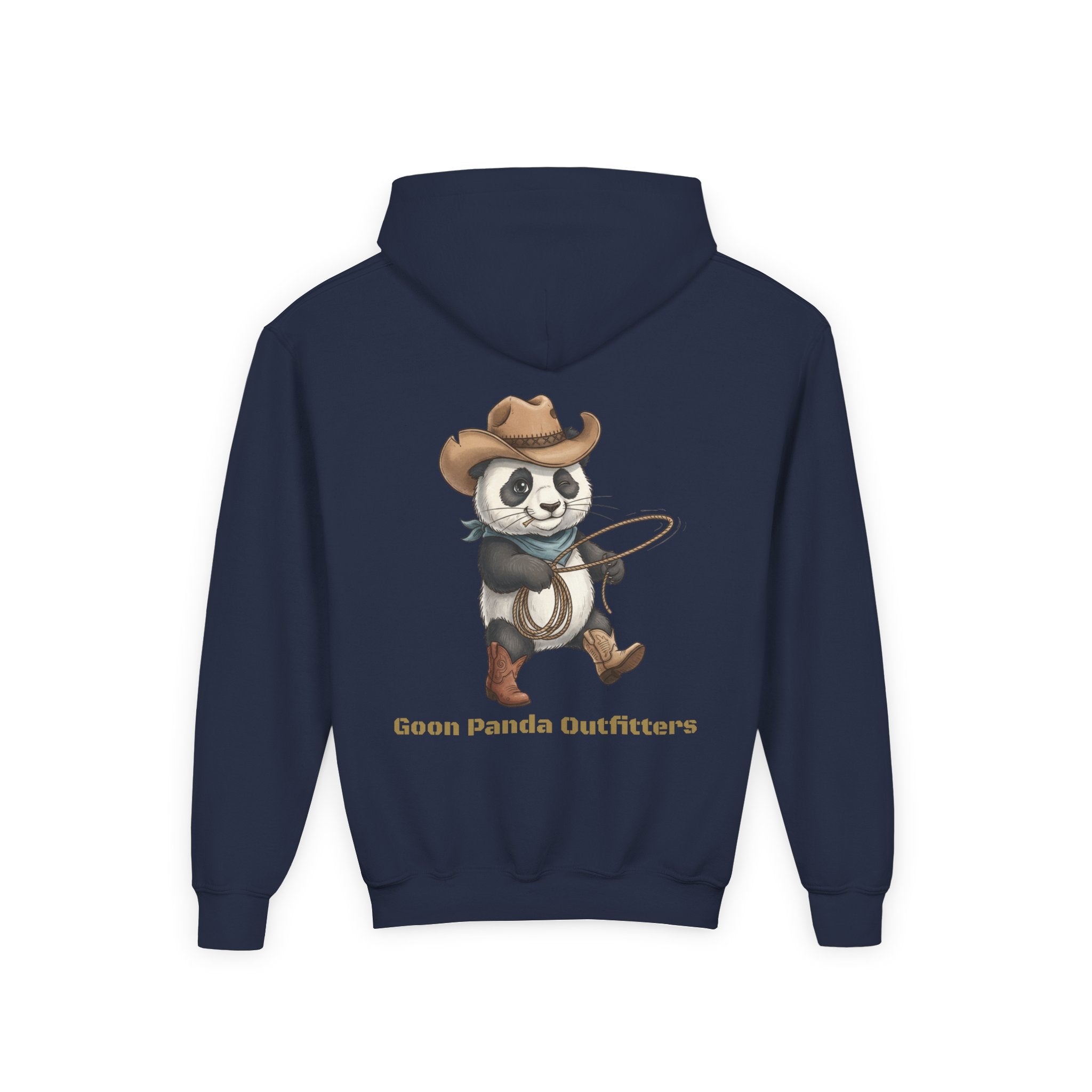 Kids Panda Cowboy Hoodie — “Goon Panda Outfitters” Graphic Youth Sweatshirt