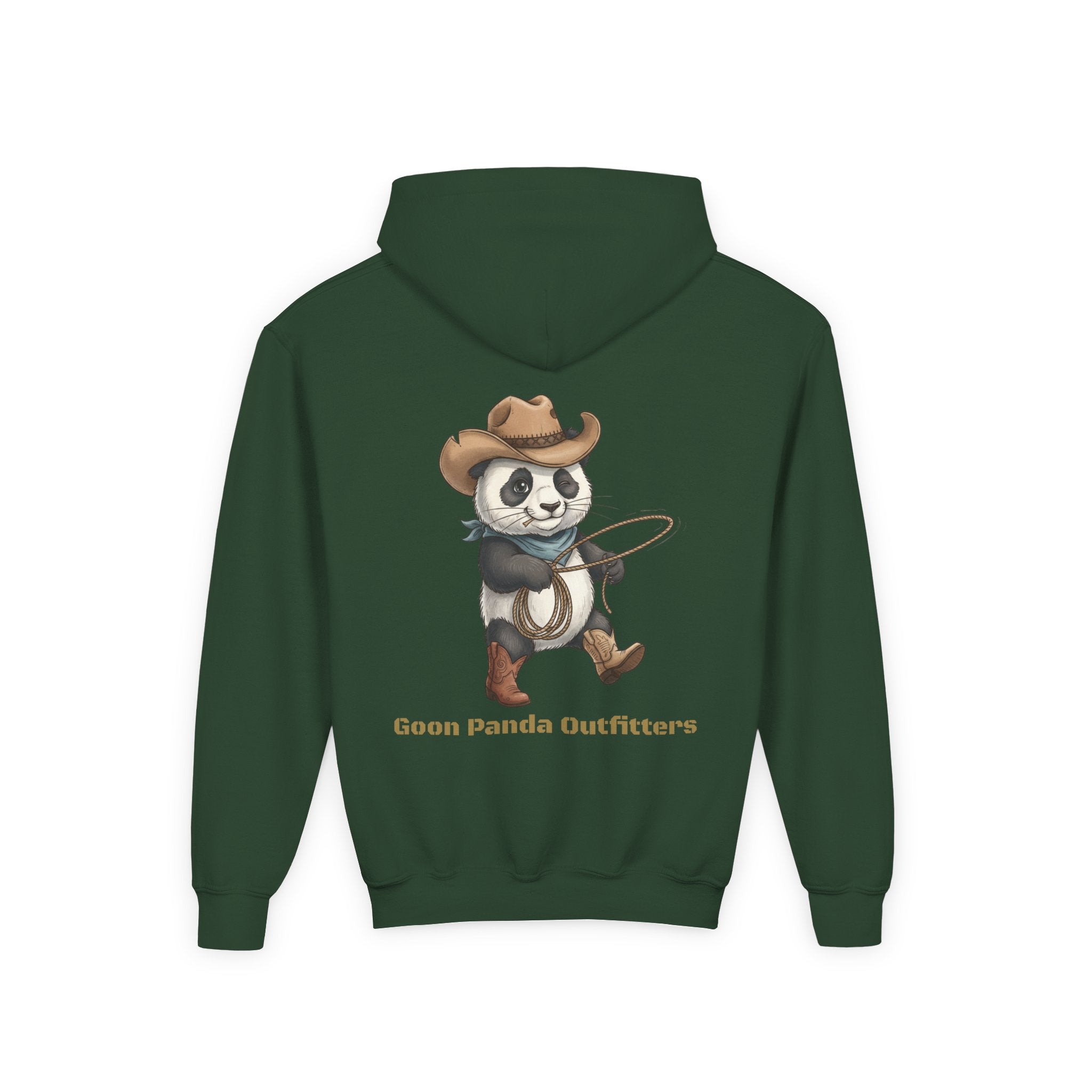 Kids Panda Cowboy Hoodie — “Goon Panda Outfitters” Graphic Youth Sweatshirt