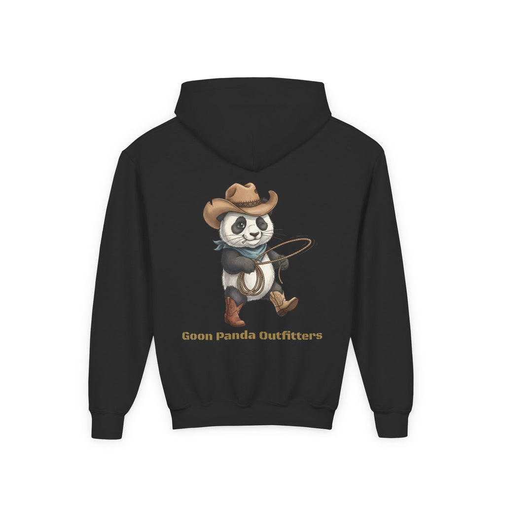 Kids Panda Cowboy Hoodie — “Goon Panda Outfitters” Graphic Youth Sweatshirt