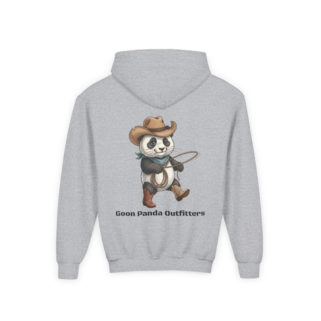 Kids Panda Cowboy Hoodie — “Goon Panda Outfitters” Graphic Youth Sweatshirt
