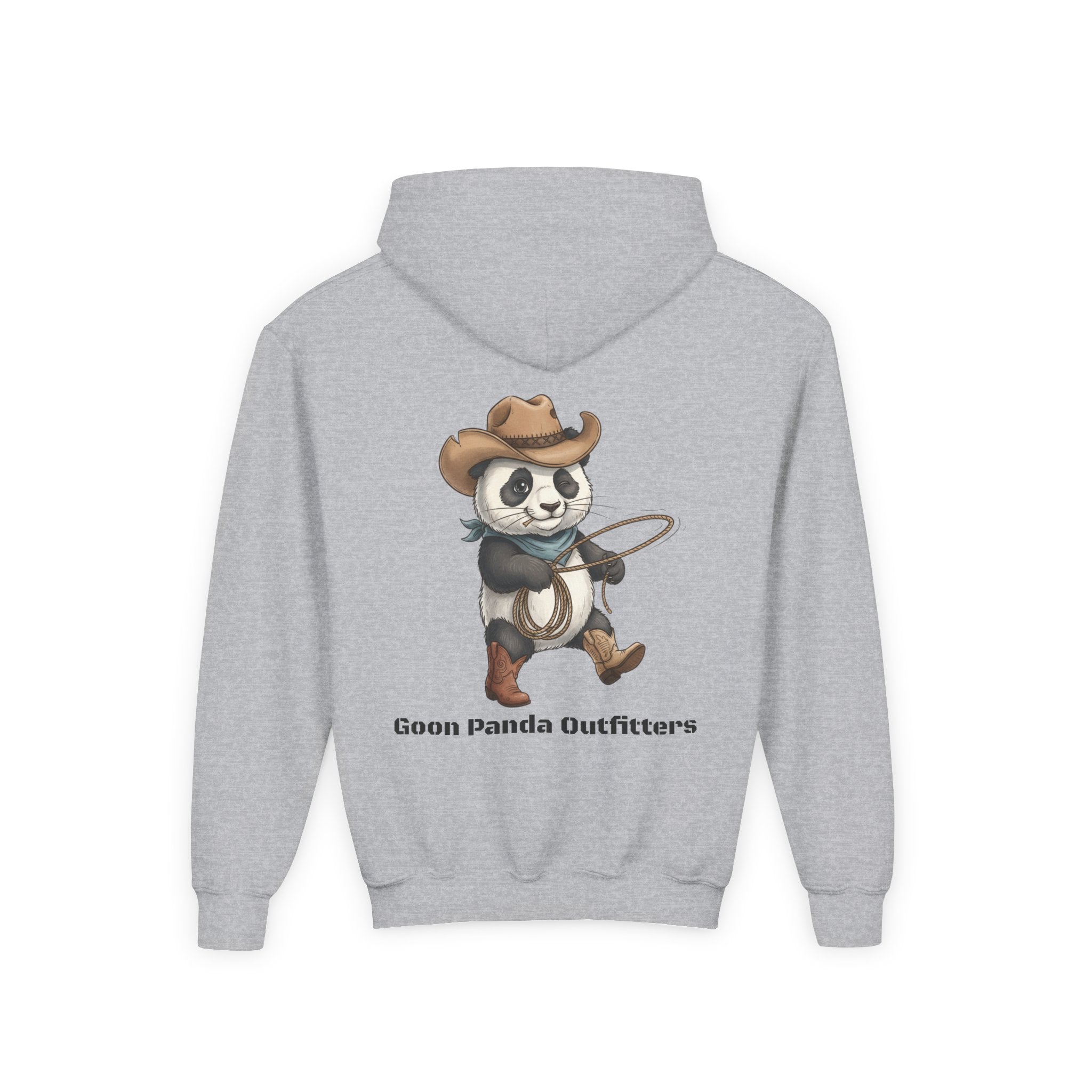 Kids Panda Cowboy Hoodie — “Goon Panda Outfitters” Graphic Youth Sweatshirt